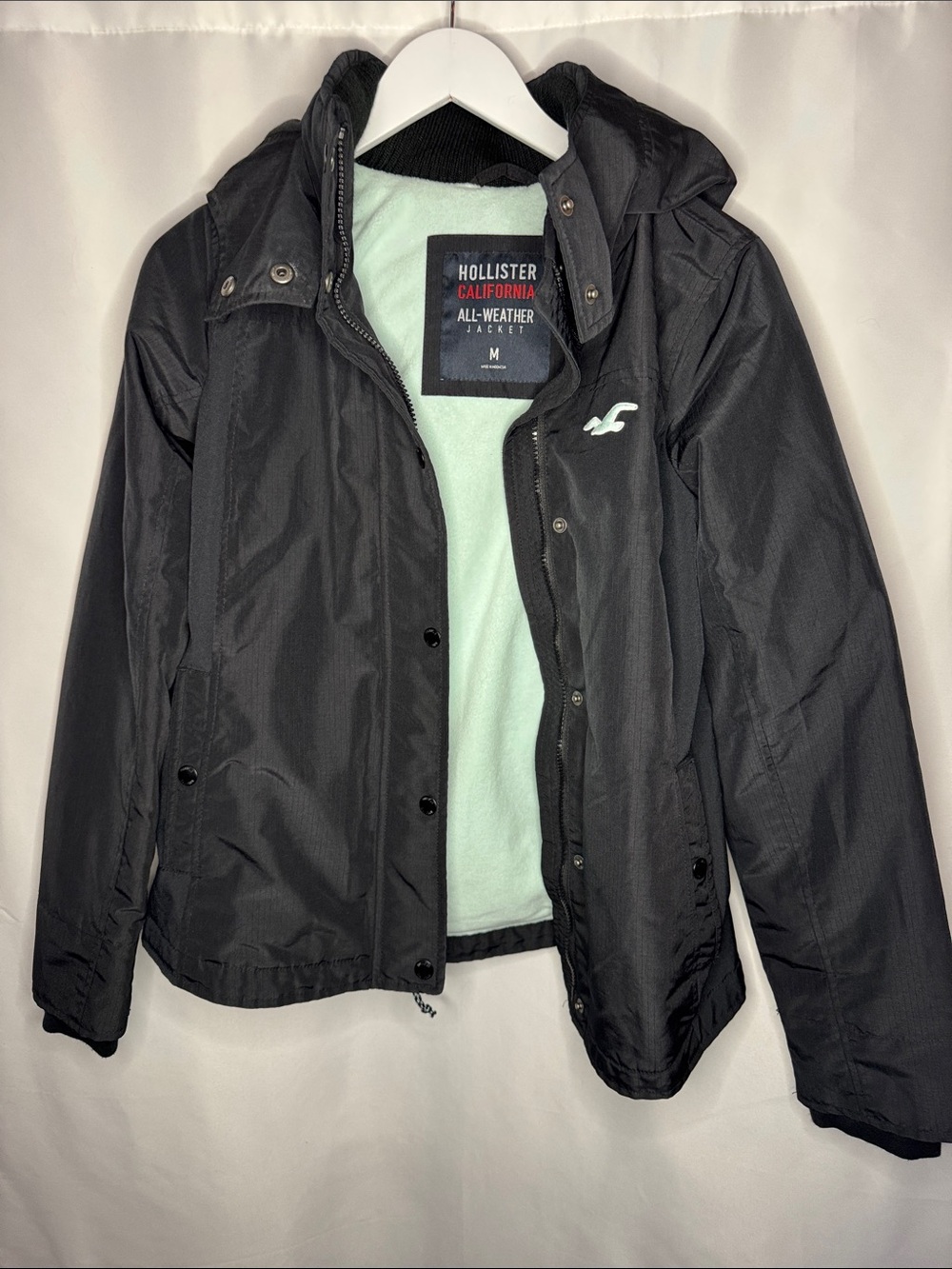 Hollister Women's Black Ski Jacket with Mint Green Lining adult woman’s medium